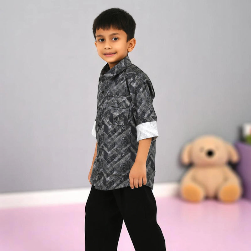 BOYS Stylish Black Printed Shirt with Pants Set | Casual Kids Outfit with Sneakers