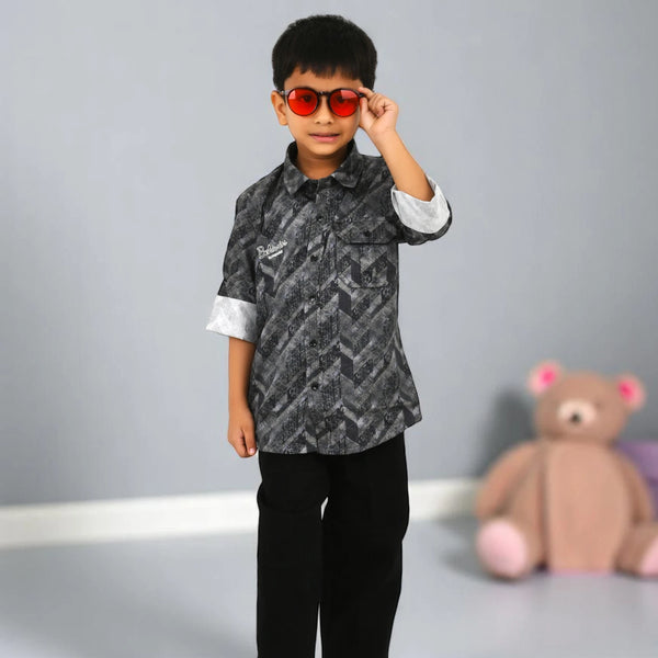 BOYS Stylish Black Printed Shirt with Pants Set | Casual Kids Outfit with Sneakers