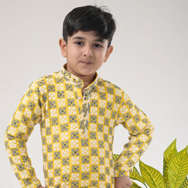 Boys Gold Printed Kurta Pajama Set – Stylish Ethnic Wear for Kids