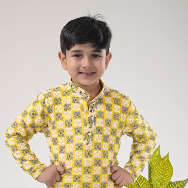Boys Gold Printed Kurta Pajama Set – Stylish Ethnic Wear for Kids