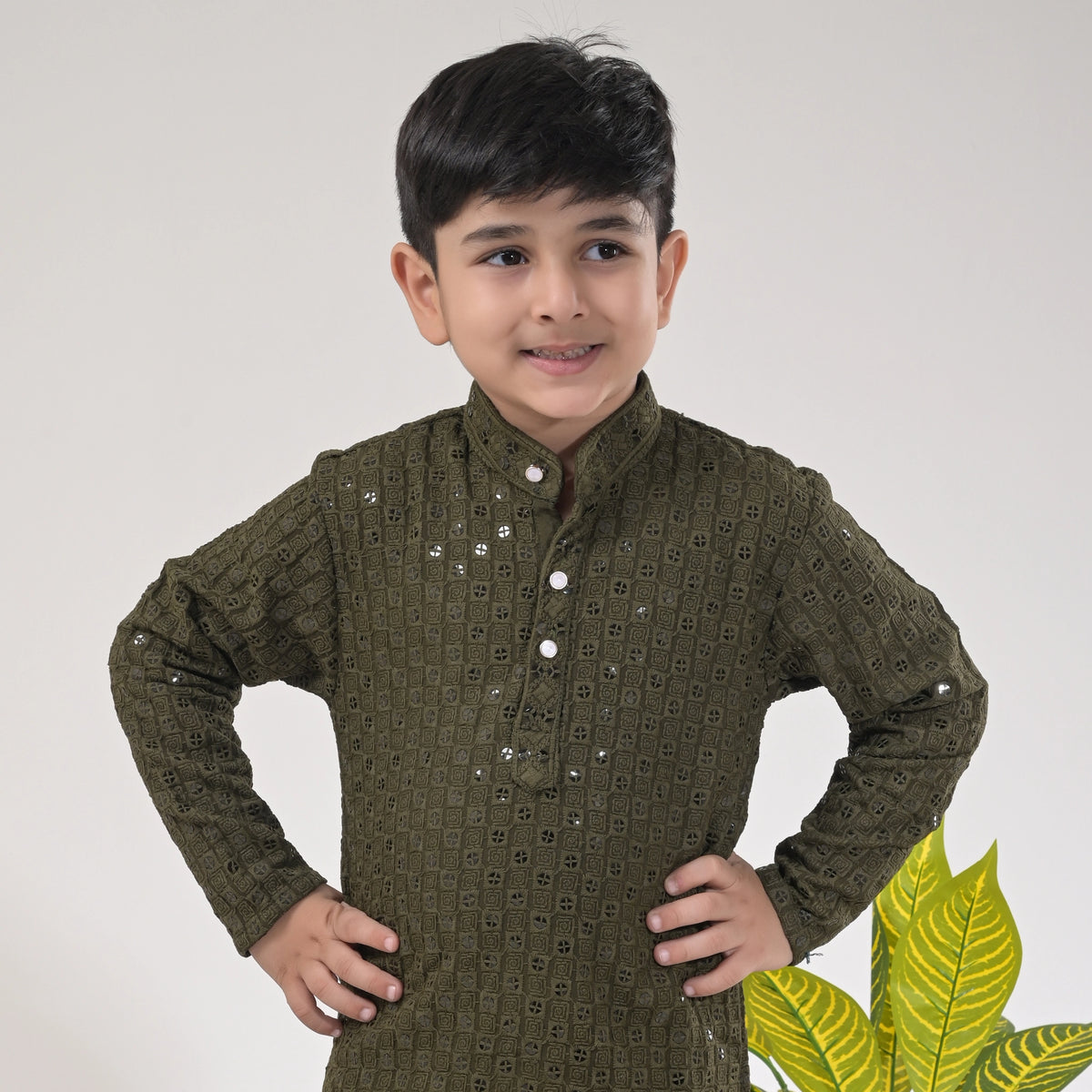 Boys Olive Green Kurta Pajama Set – Traditional Ethnic Wear for Kids - image 4