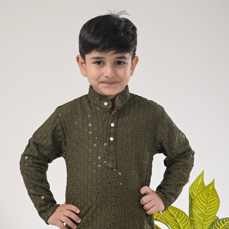 Boys Olive Green Kurta Pajama Set – Traditional Ethnic Wear for Kids