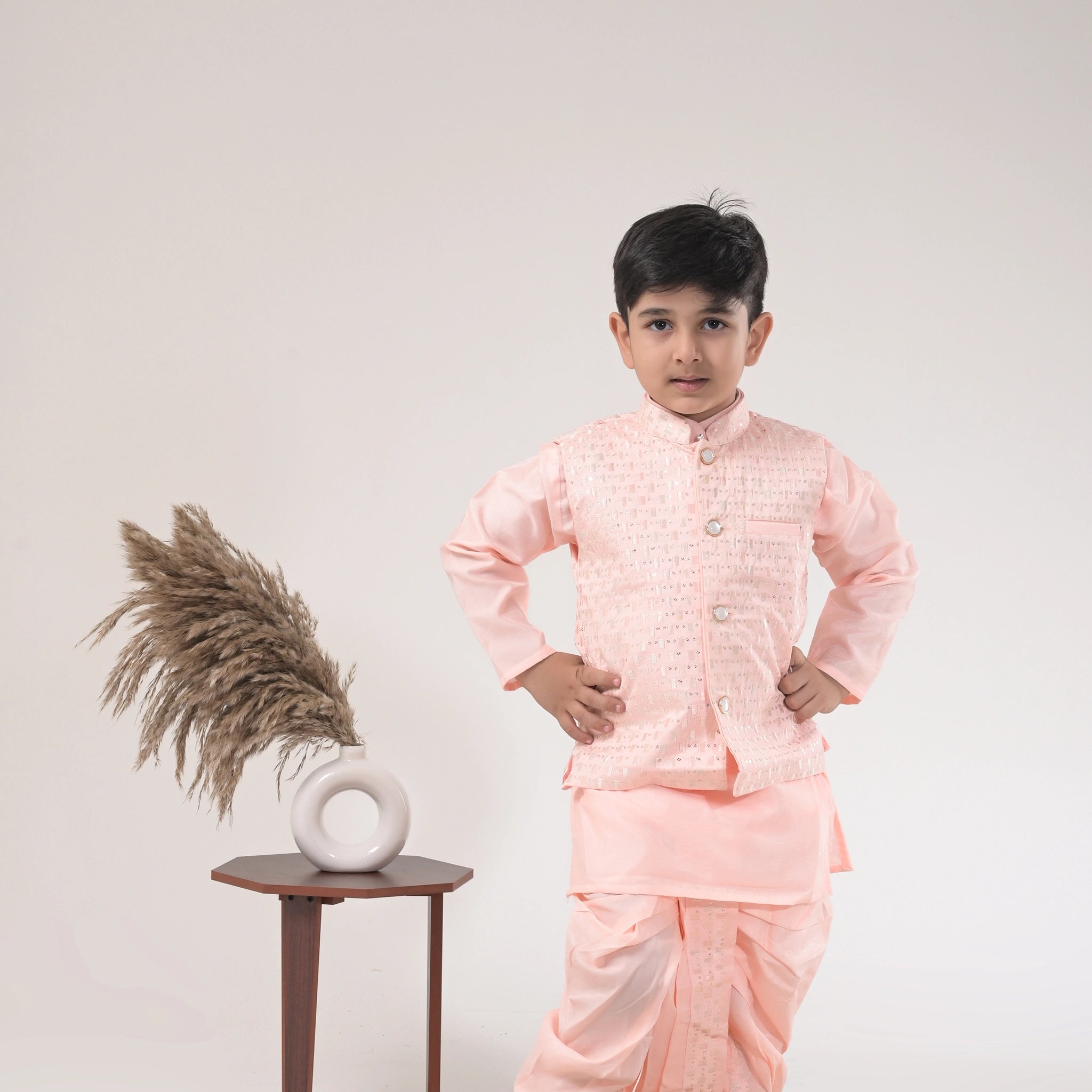 Boys Peach Dhoti Kurta with Jacket – Traditional Ethnic Wear for Kids
