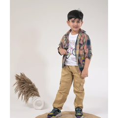 Boys Checked Casual Shirt with White Graphic T-Shirt, Beige Cargo Pants and Sport Sneakers