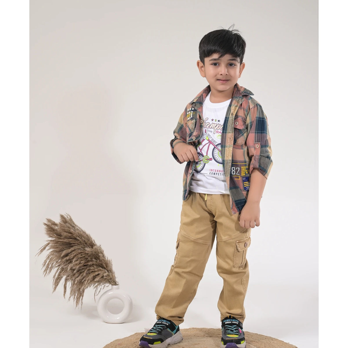 Boys Checked Casual Shirt with White Graphic T-Shirt, Beige Cargo Pants and Sport Sneakers - image 2