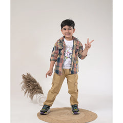 Boys Checked Casual Shirt with White Graphic T-Shirt, Beige Cargo Pants and Sport Sneakers