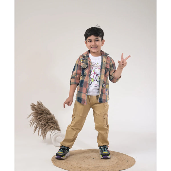 Boys Checked Casual Shirt with White Graphic T-Shirt, Beige Cargo Pants and Sport Sneakers