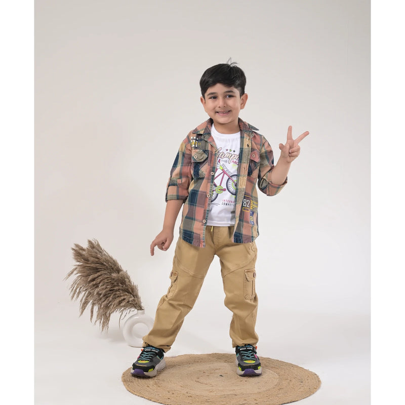 Boys Checked Casual Shirt with White Graphic T-Shirt, Beige Cargo Pants and Sport Sneakers