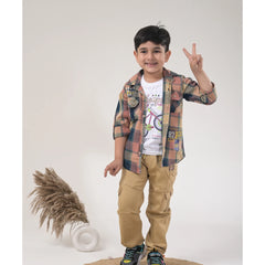 Boys Checked Casual Shirt with White Graphic T-Shirt, Beige Cargo Pants and Sport Sneakers