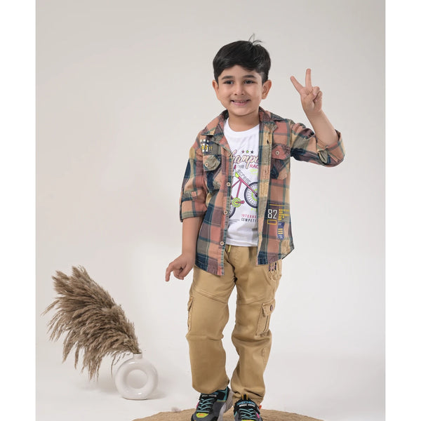 Boys Checked Casual Shirt with White Graphic T-Shirt, Beige Cargo Pants and Sport Sneakers