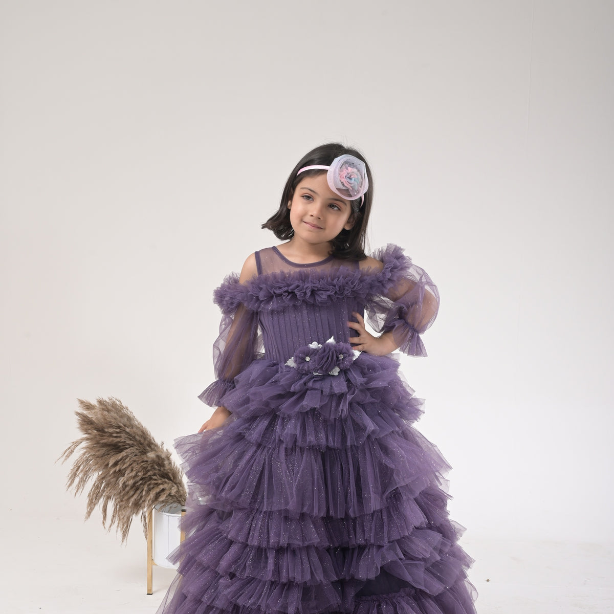 Layered Fancy Floral Bow Gown with Cut Sleeves for Kids - Elegant Party Wear