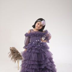 Layered Fancy Floral Bow Gown with Cut Sleeves for Kids - Elegant Party Wear