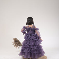 Layered Fancy Floral Bow Gown with Cut Sleeves for Kids - Elegant Party Wear