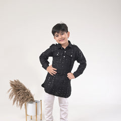 Boys Black Embroidered Kurta with White Pajama