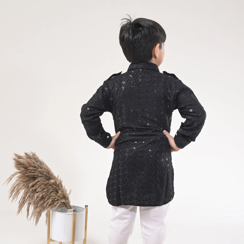 Boys Black Embroidered Kurta with White Pajama