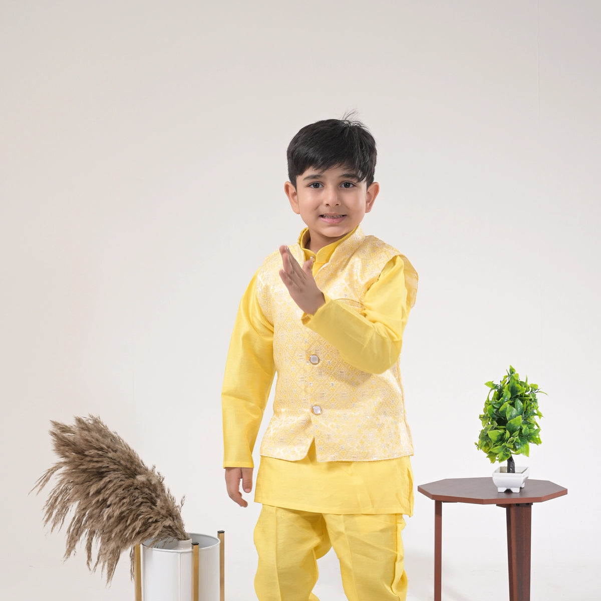 Boys Yellow Kurta Pajama with Nehru Jacket – Kids Festive & Wedding Wear - image 1