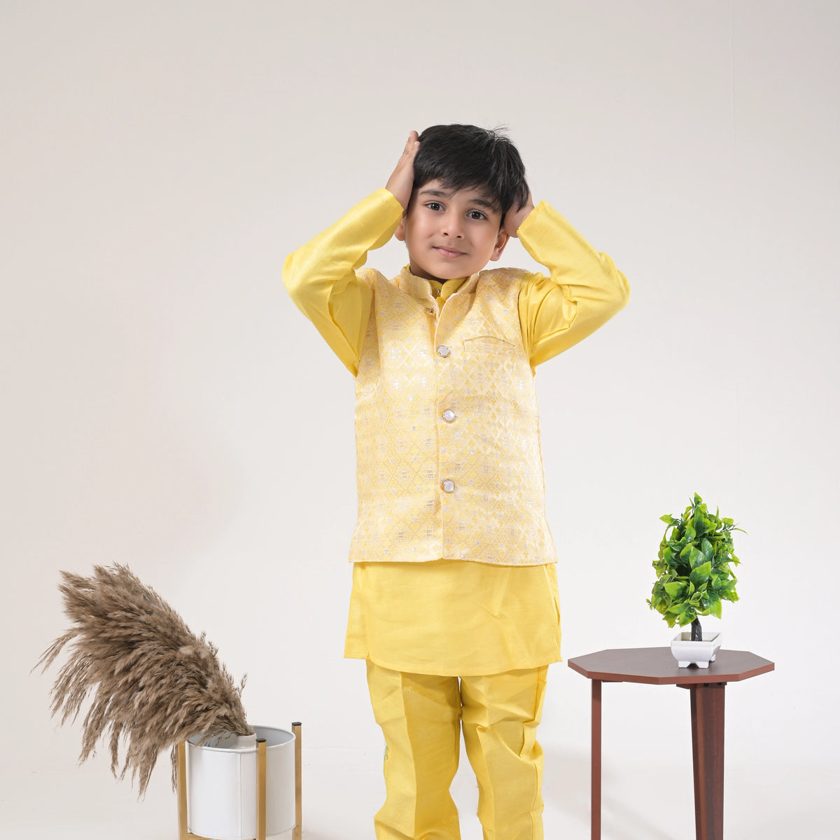 Boys Yellow Kurta Pajama with Nehru Jacket – Kids Festive & Wedding Wear - image 2