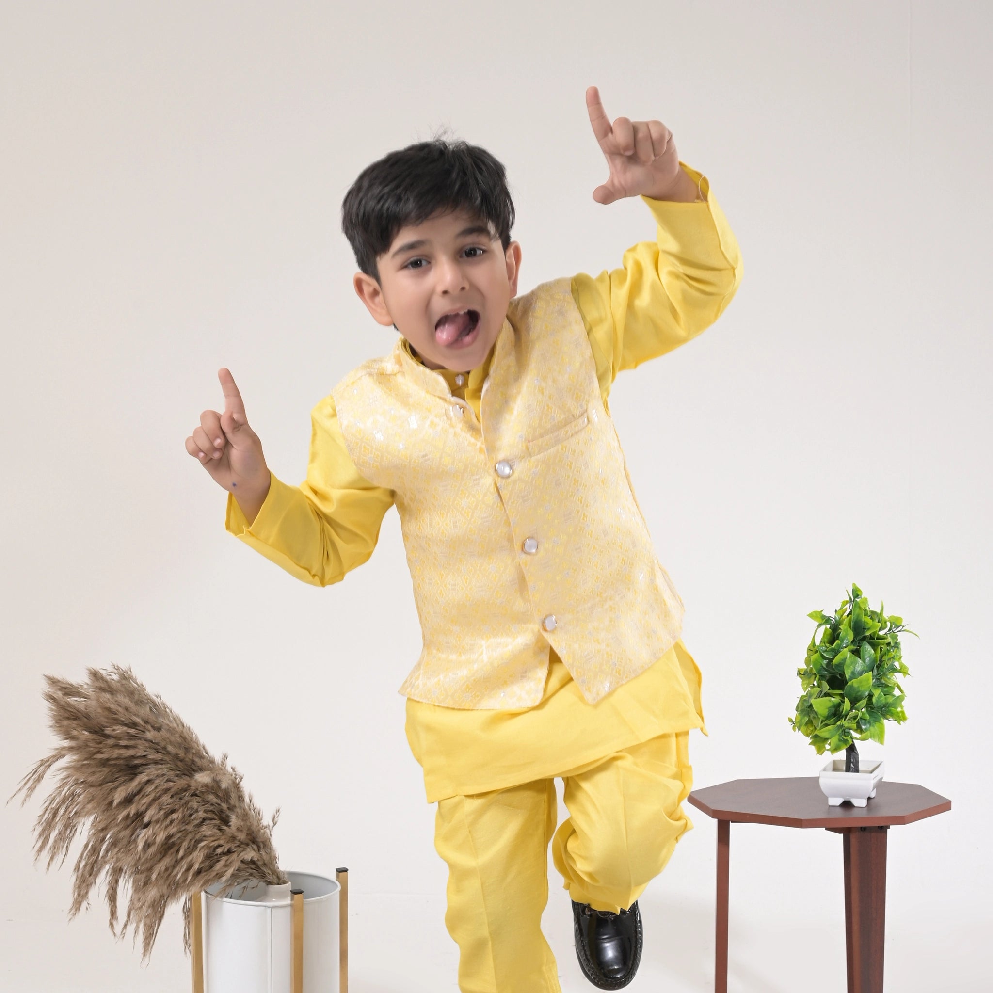 Boys Yellow Kurta Pajama with Nehru Jacket – Kids Festive & Wedding Wear