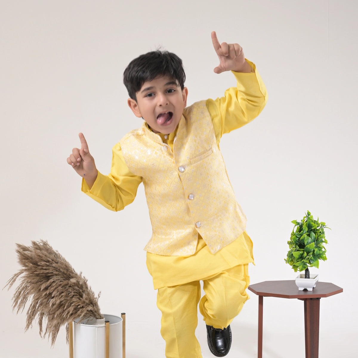 Boys Yellow Kurta Pajama with Nehru Jacket – Kids Festive & Wedding Wear - image 3