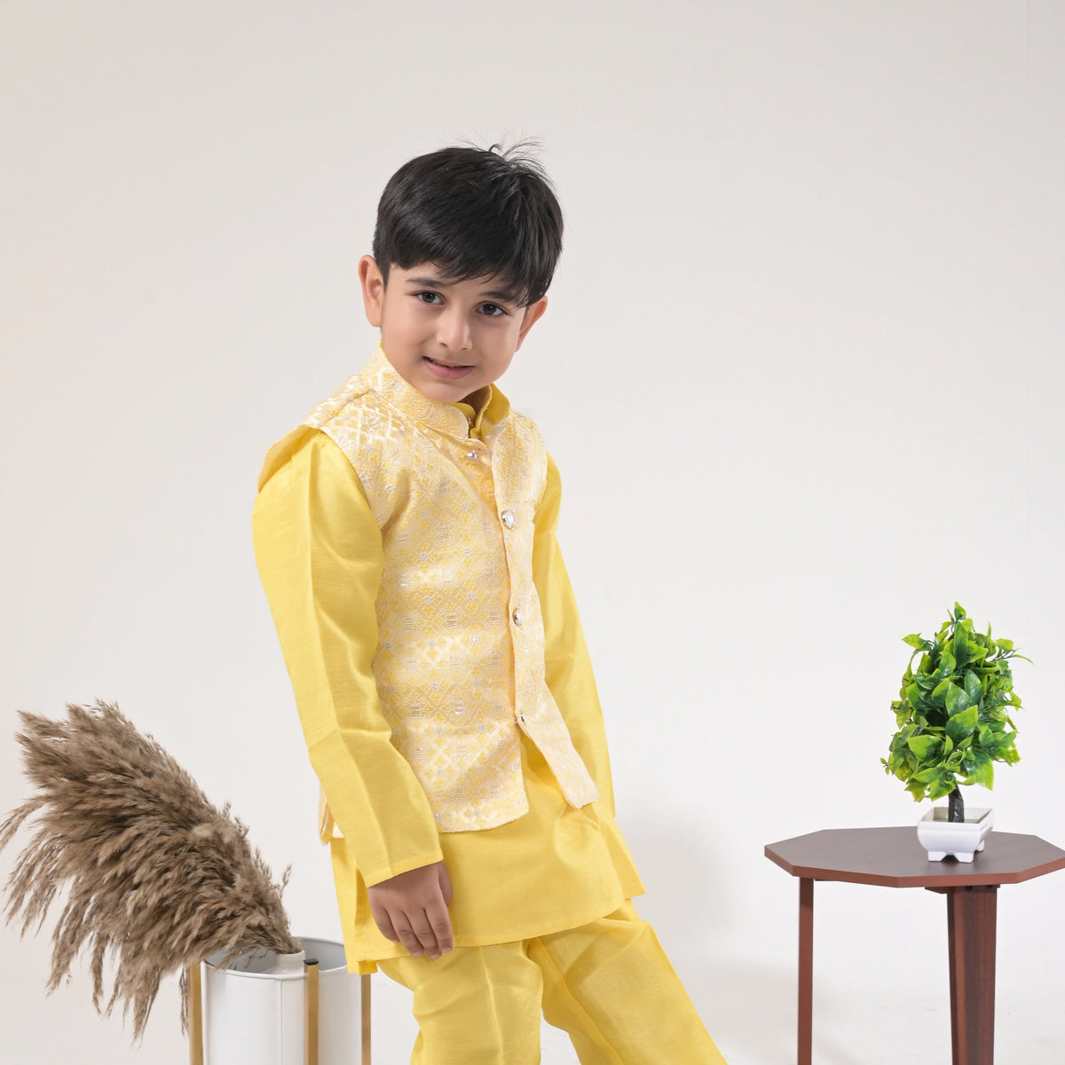 Boys Yellow Kurta Pajama with Nehru Jacket – Kids Festive & Wedding Wear - image 4
