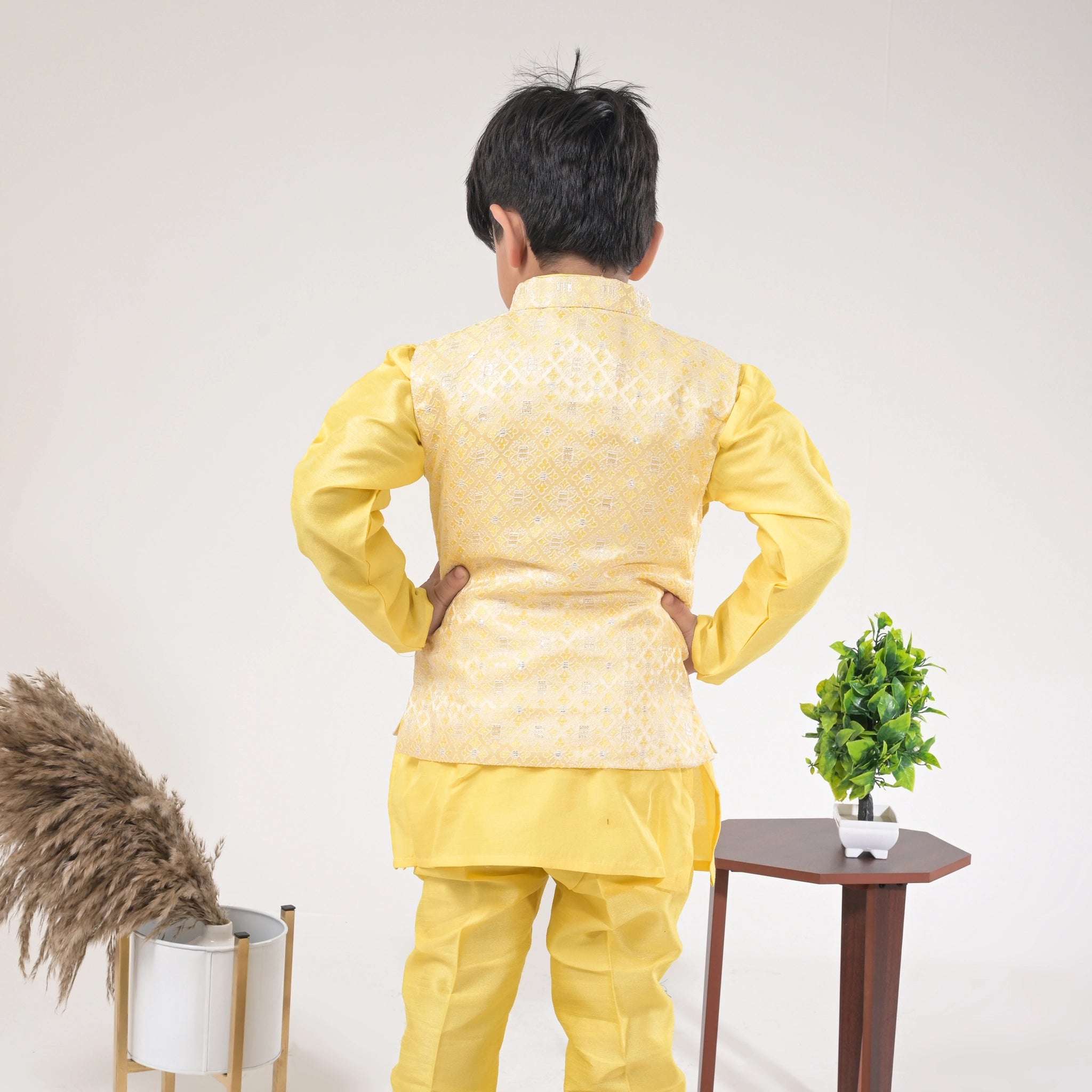 Boys Yellow Kurta Pajama with Nehru Jacket – Kids Festive & Wedding Wear