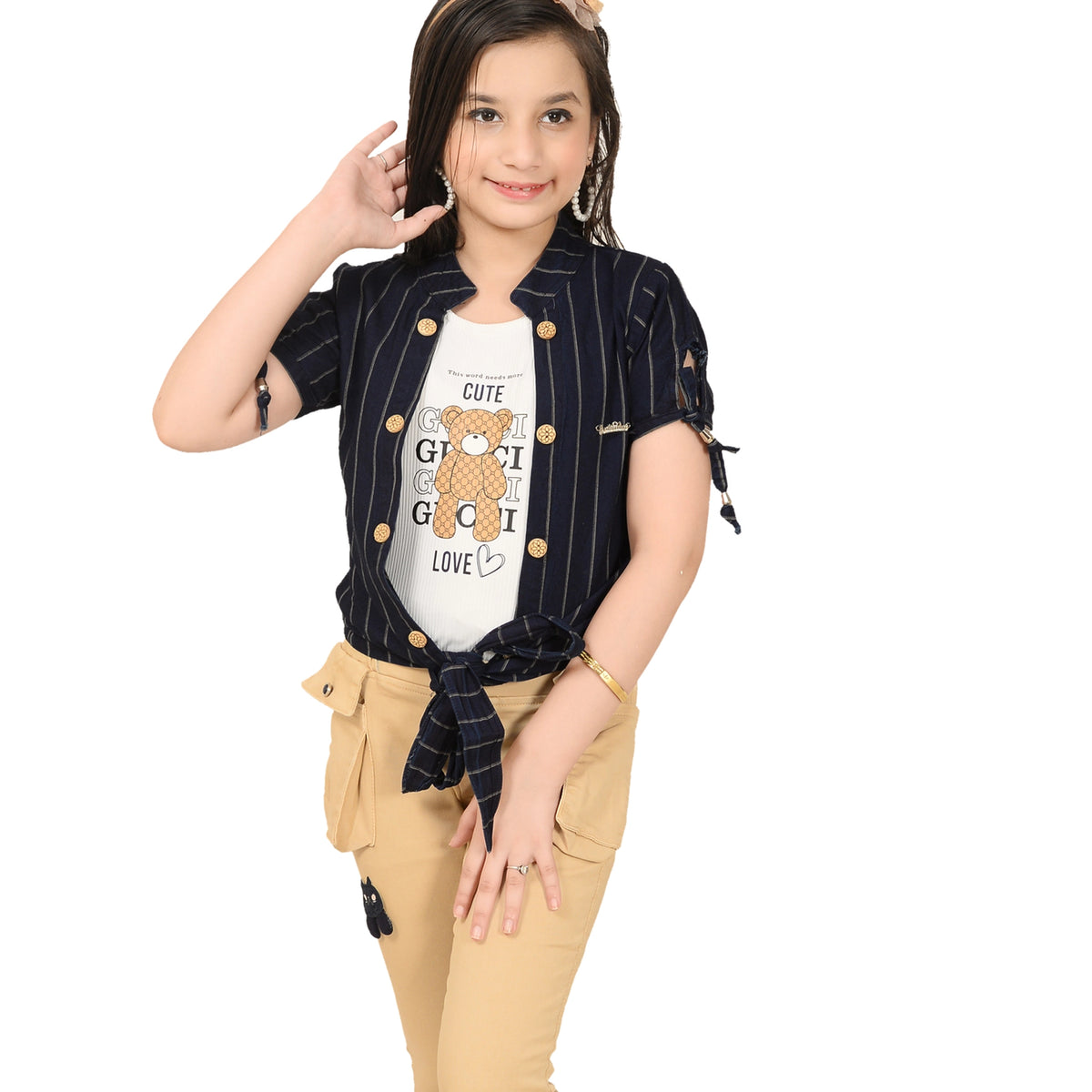 Stylish Girls Yellow Capri Set with Printed Tee and Striped Jacket - image 1
