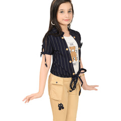 Stylish Girls Yellow Capri Set with Printed Tee and Striped Jacket