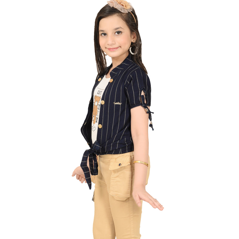 Stylish Girls Yellow Capri Set with Printed Tee and Striped Jacket