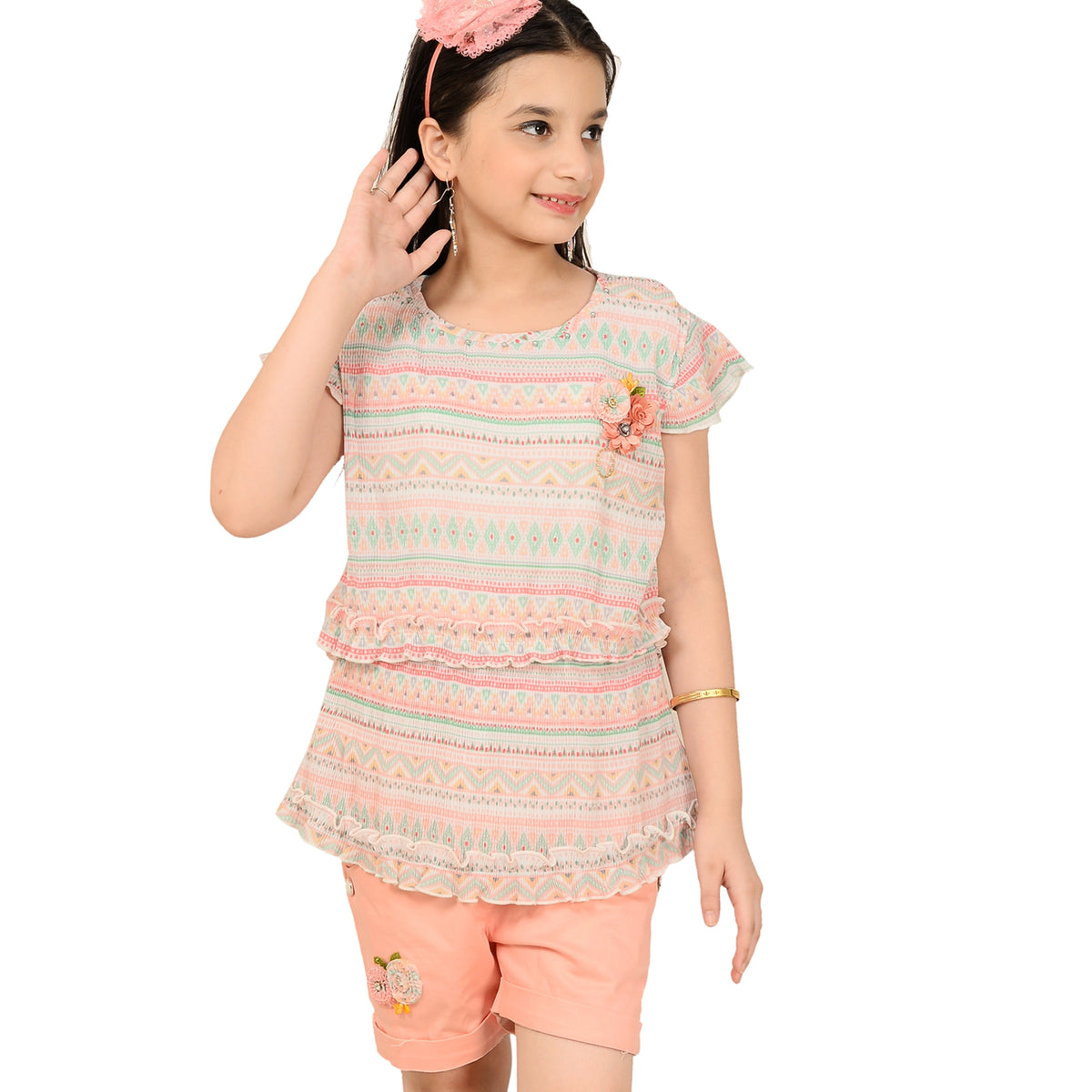 Peach Floral Embroidered Shorts & Printed Top – Everyday Outfit for Girls - image 1