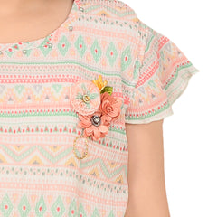 Peach Floral Embroidered Shorts & Printed Top – Everyday Outfit for Girls