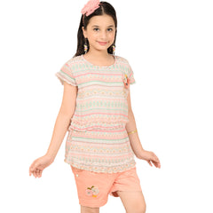 Peach Floral Embroidered Shorts & Printed Top – Everyday Outfit for Girls