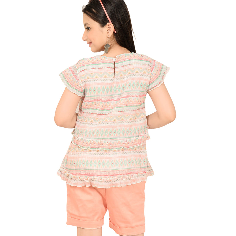 Peach Floral Embroidered Shorts & Printed Top – Everyday Outfit for Girls