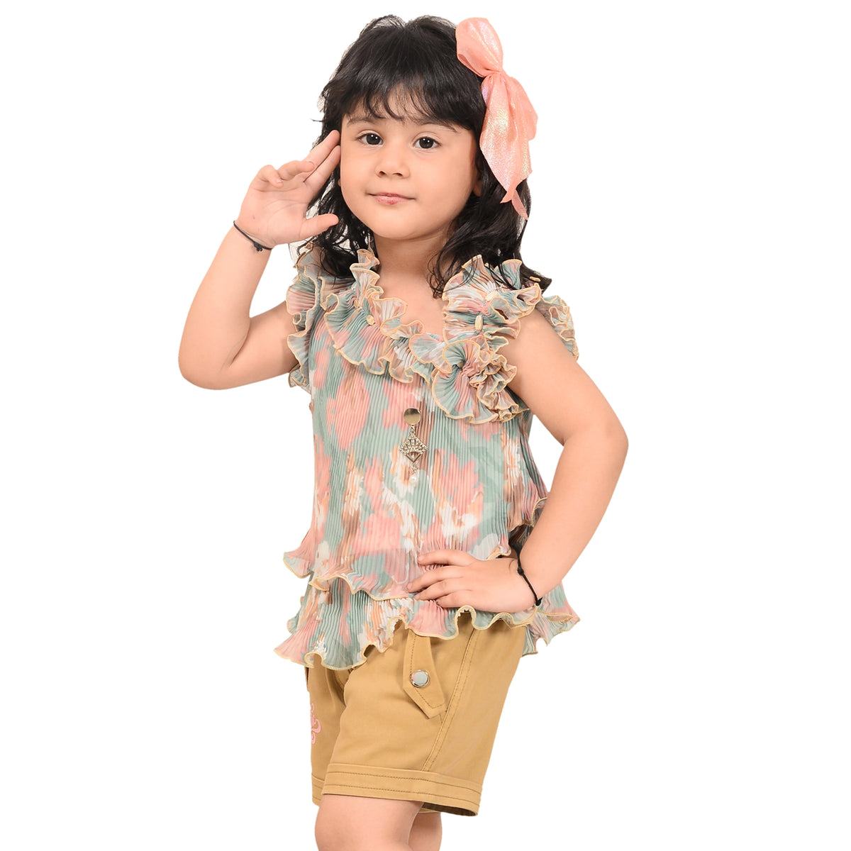 Trendy Off-Shoulder Ruffle Top with Shorts – Kids' Summer Outfit - image 1