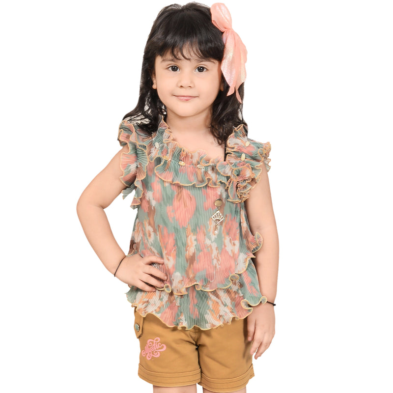 Trendy Off-Shoulder Ruffle Top with Shorts – Kids' Summer Outfit