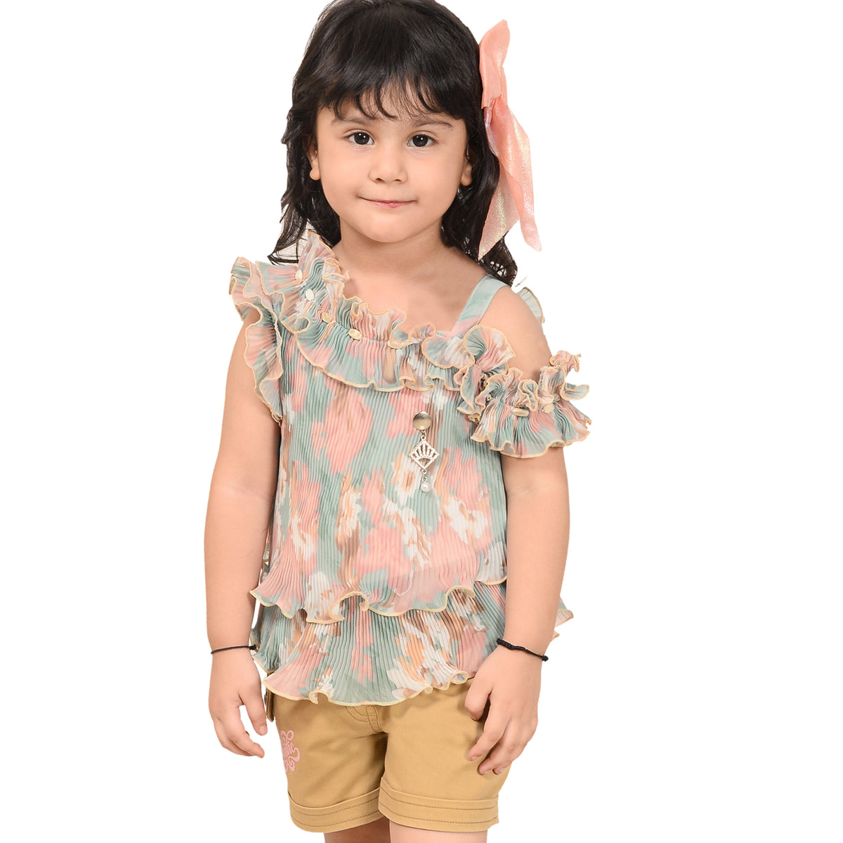 Trendy Off-Shoulder Ruffle Top with Shorts – Kids' Summer Outfit