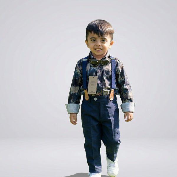 BOYS Grey Printed Shirt with Suspender Pants Party Wear Outfit Set