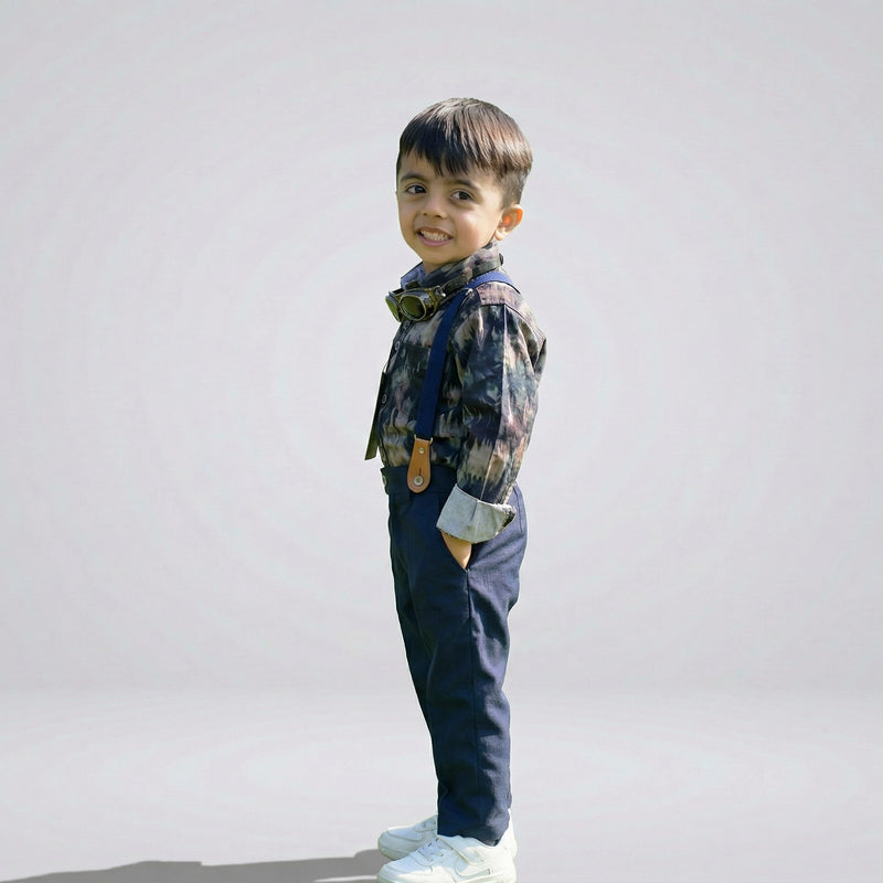 BOYS Grey Printed Shirt with Suspender Pants Party Wear Outfit Set
