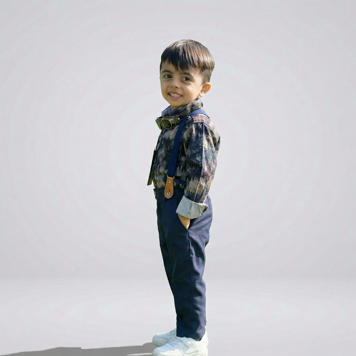 BOYS Grey Printed Shirt with Suspender Pants Party Wear Outfit Set - image 17