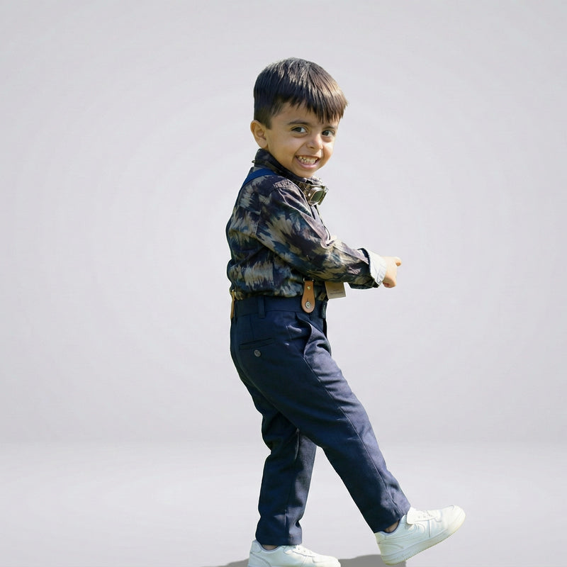BOYS Grey Printed Shirt with Suspender Pants Party Wear Outfit Set