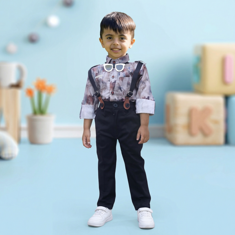 BOYS Grey Printed Shirt with Suspender Pants Party Wear Outfit Set