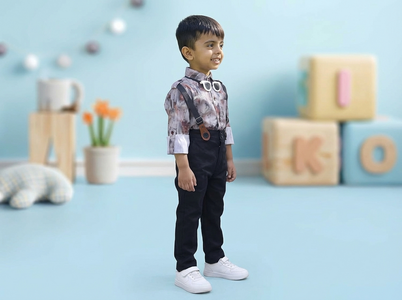 BOYS Grey Printed Shirt with Suspender Pants Party Wear Outfit Set