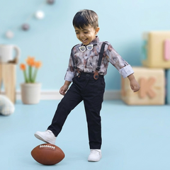 BOYS Grey Printed Shirt with Suspender Pants Party Wear Outfit Set