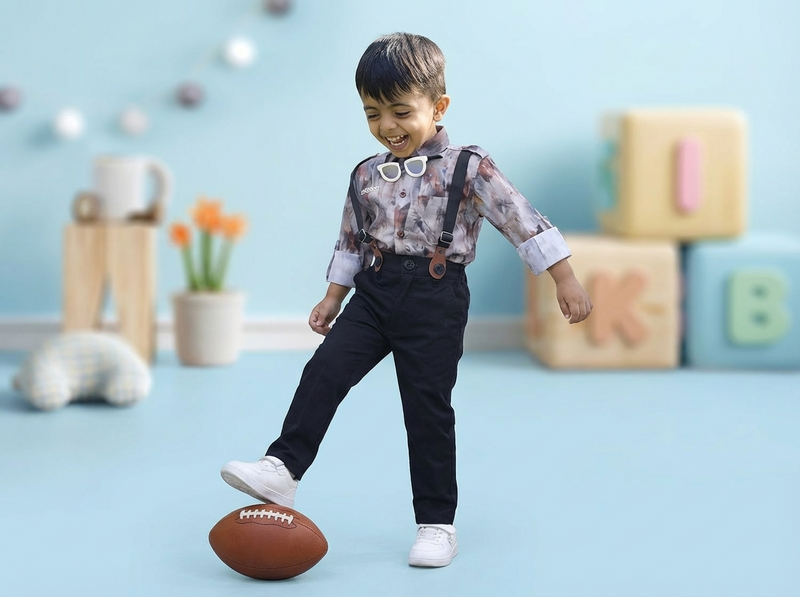 BOYS Grey Printed Shirt with Suspender Pants Party Wear Outfit Set