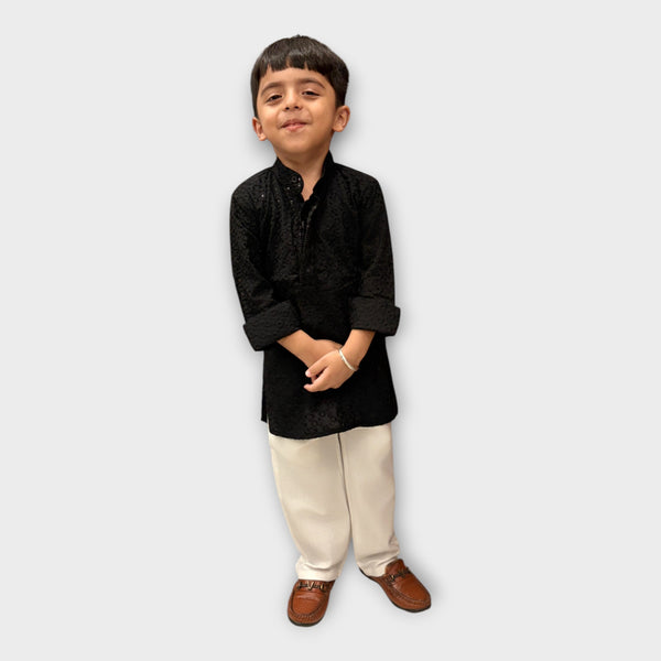 Black Shimmer Kurta Pyjama Set for Boys – Classic Ethnic Wear Outfit