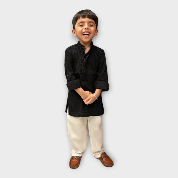 Black Shimmer Kurta Pyjama Set for Boys – Classic Ethnic Wear Outfit