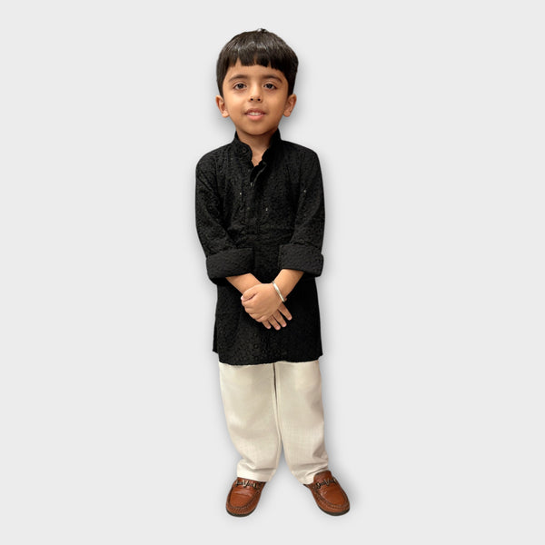 Black Shimmer Kurta Pyjama Set for Boys – Classic Ethnic Wear Outfit