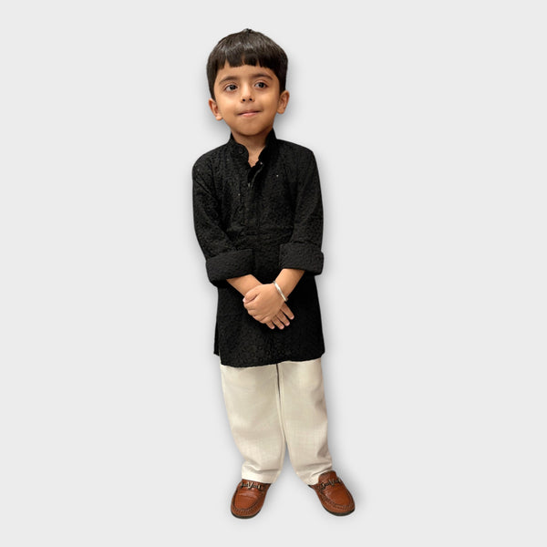 Black Shimmer Kurta Pyjama Set for Boys – Classic Ethnic Wear Outfit