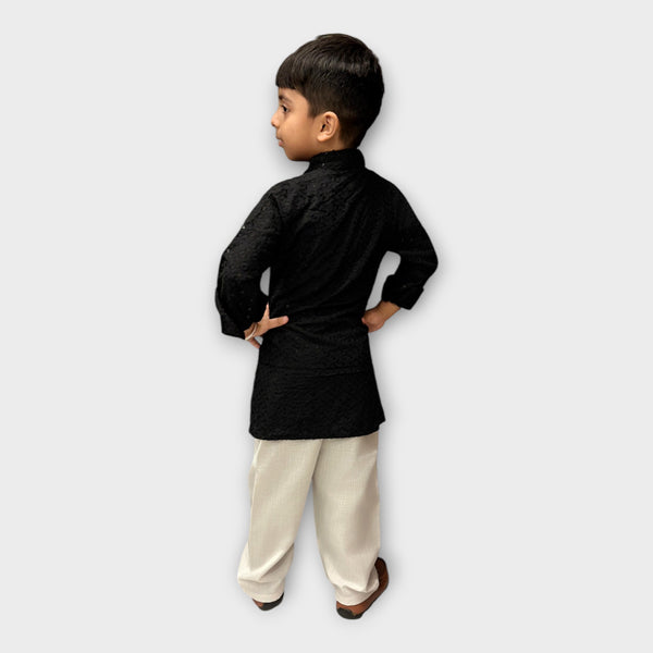 Black Shimmer Kurta Pyjama Set for Boys – Classic Ethnic Wear Outfit