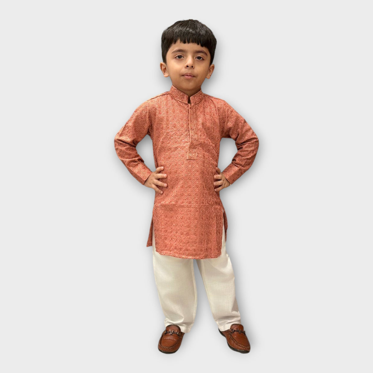 Rust Orange Shimmer Kurta Pyjama Set for Boys – Kids Traditional Ethnic Wear - image 3