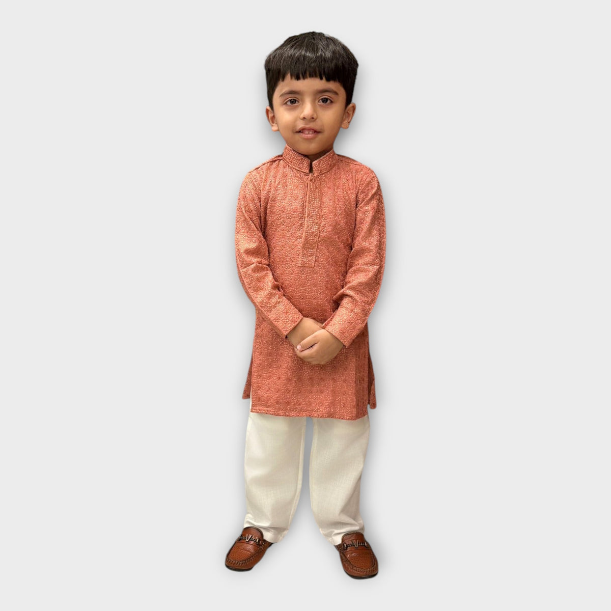 Rust Orange Shimmer Kurta Pyjama Set for Boys – Kids Traditional Ethnic Wear - image 4